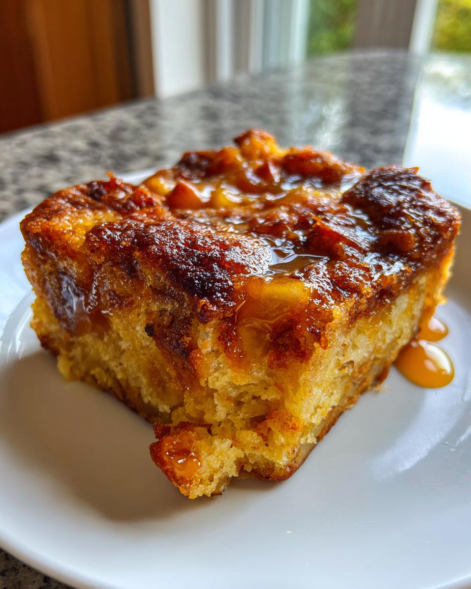 A close-up of a warm, gooey slice of caramel apple dump cake drizzled with extra caramel sauce.