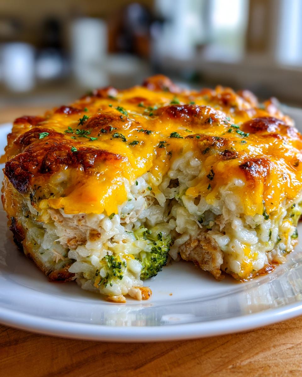 A close-up of a serving of cheesy chicken and rice casserole with melted cheddar and broccoli florets.