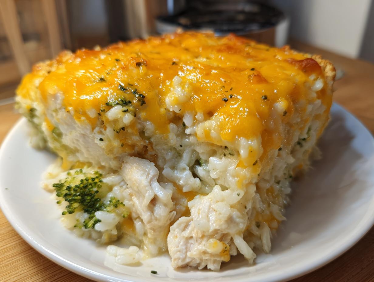 A generous serving of cheesy chicken and rice casserole topped with melted cheddar cheese and visible broccoli florets.