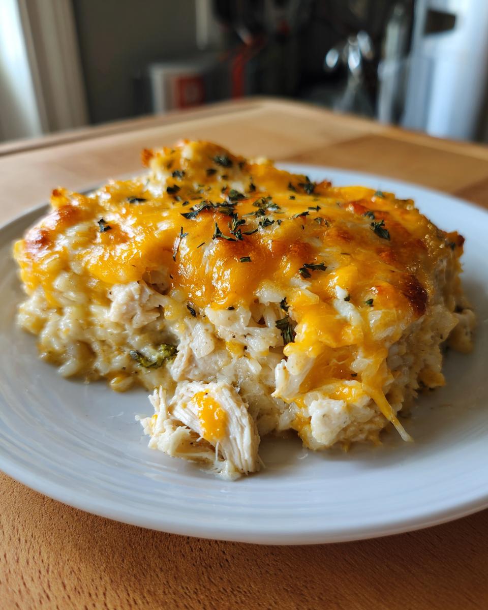 A close-up of a serving of cheesy chicken and rice, topped with melted cheddar and herbs.