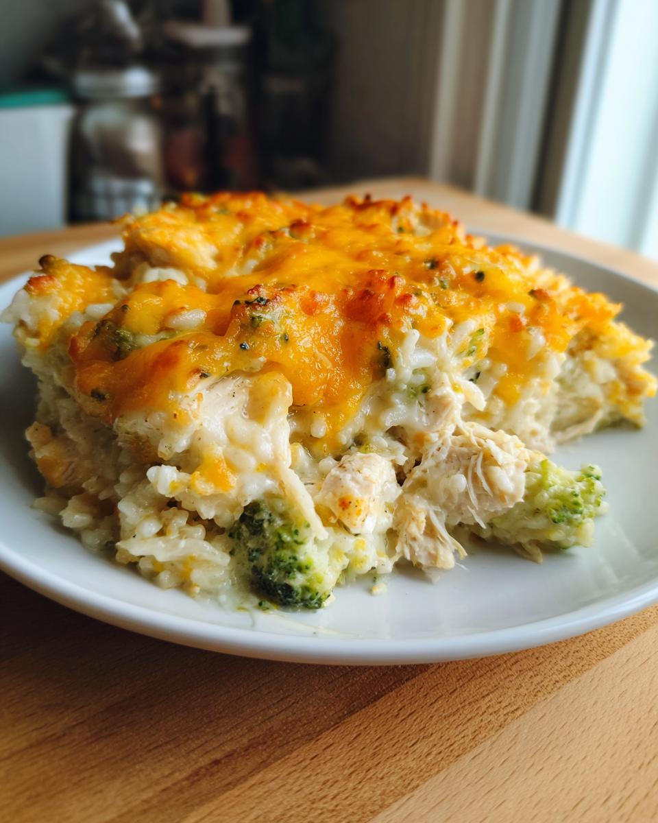 A close-up of a serving of cheesy chicken and rice casserole mixed with bright green broccoli florets, topped with melted cheddar.