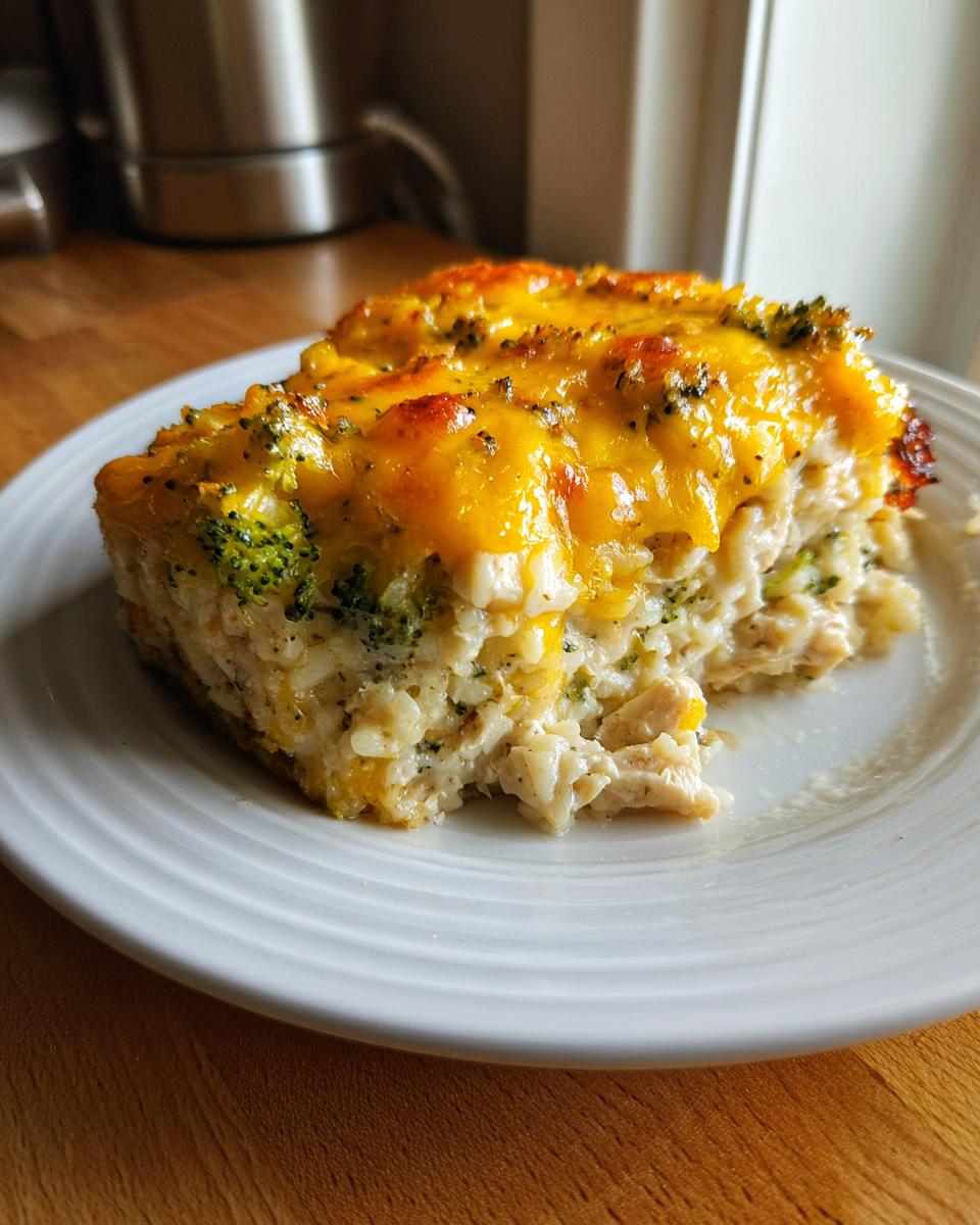 A square slice of cheesy chicken and rice casserole topped with melted cheddar cheese and broccoli florets, served on a white plate.