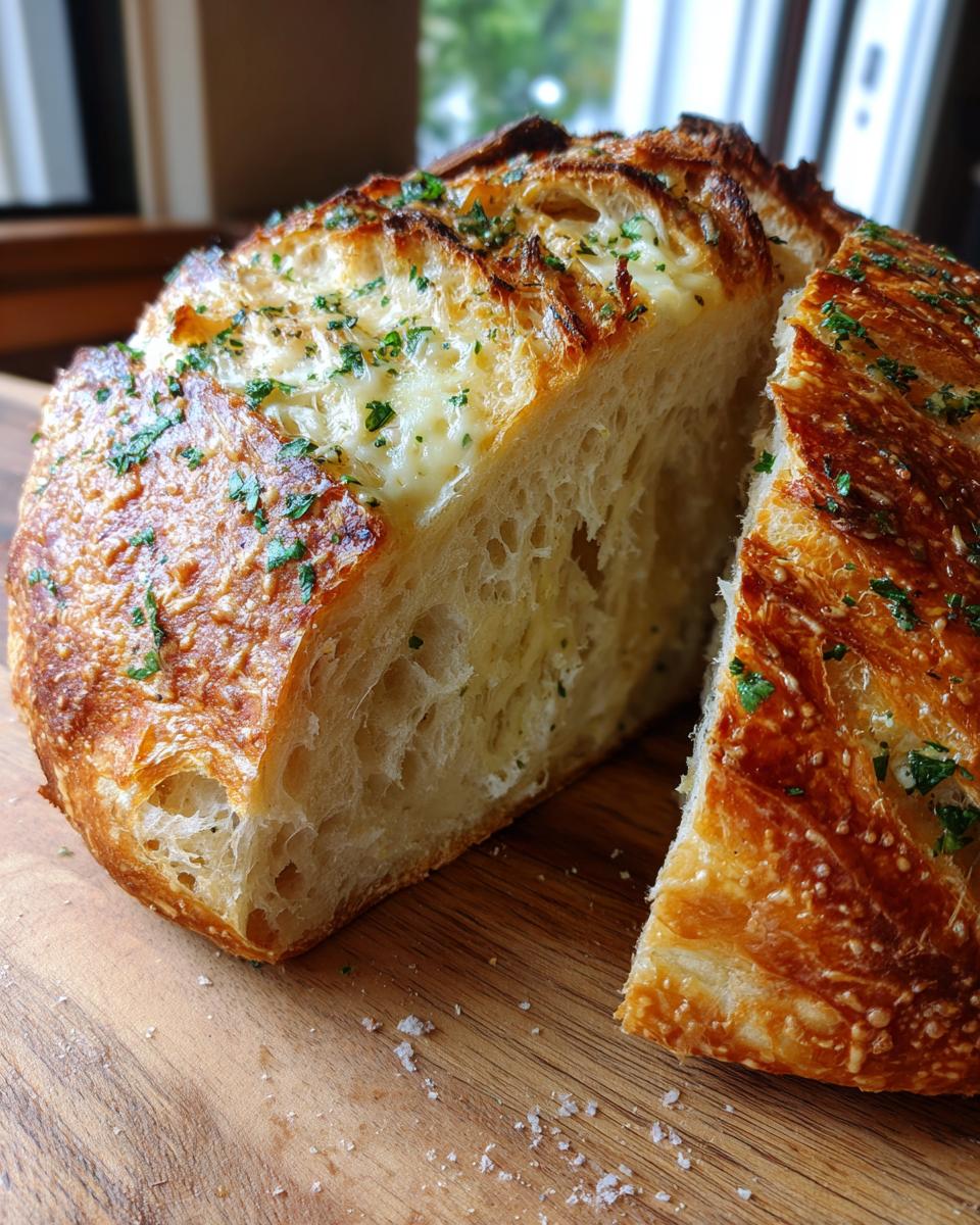 Close-up of a freshly baked artisan bread loaf, sliced to show the airy interior and topped with melted cheese and parsley.