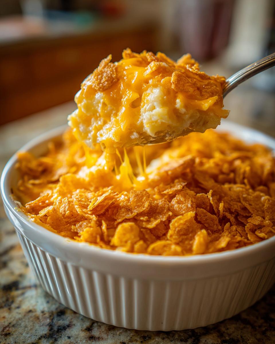 A spoonful of creamy potato casserole topped with melted cheddar cheese and cornflakes being lifted from a white baking dish.