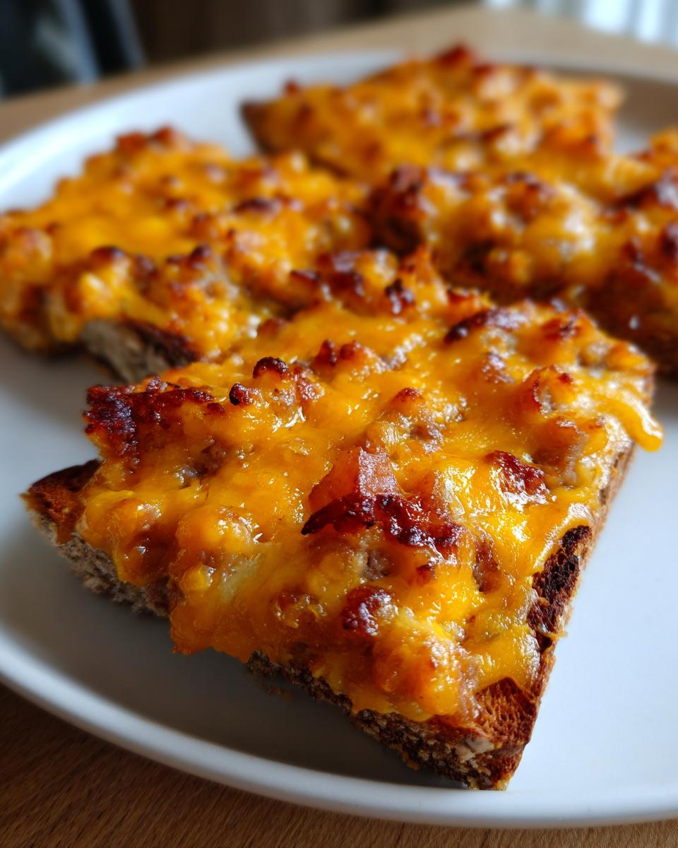 Close-up of toasted bread topped with a savory mixture and lots of melted, browned cheddar cheese, typical of a hanky panky recipe.