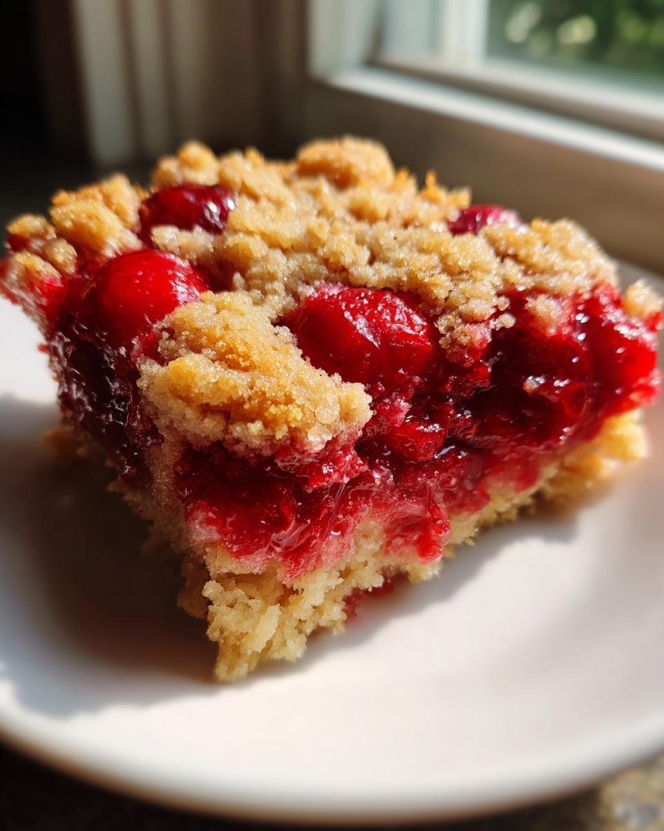A close-up, sunlit square of cherry dump cake showing a thick layer of bright red cherries and a crumbly topping.