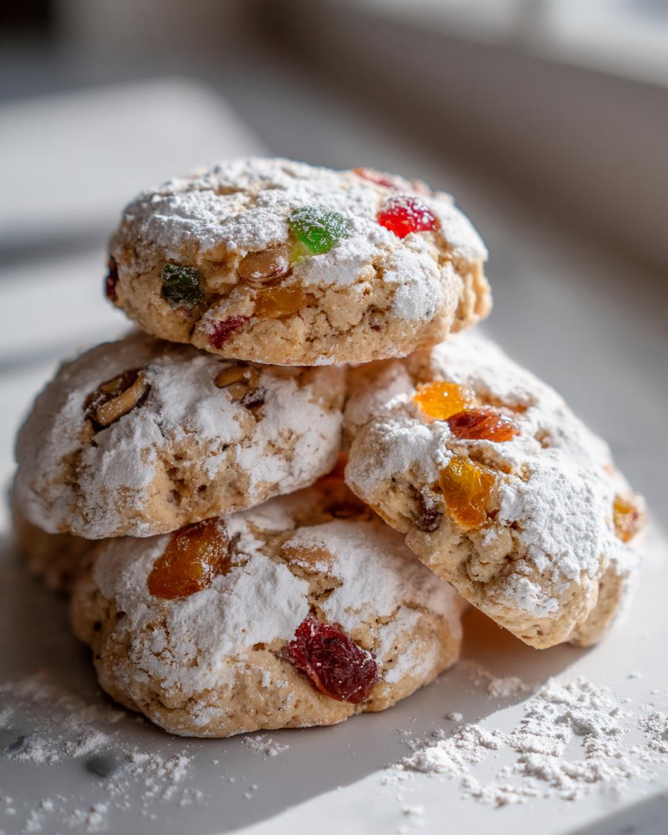 A stack of four chewy old-fashioned fruitcake cookies generously dusted with powdered sugar and studded with candied fruit.