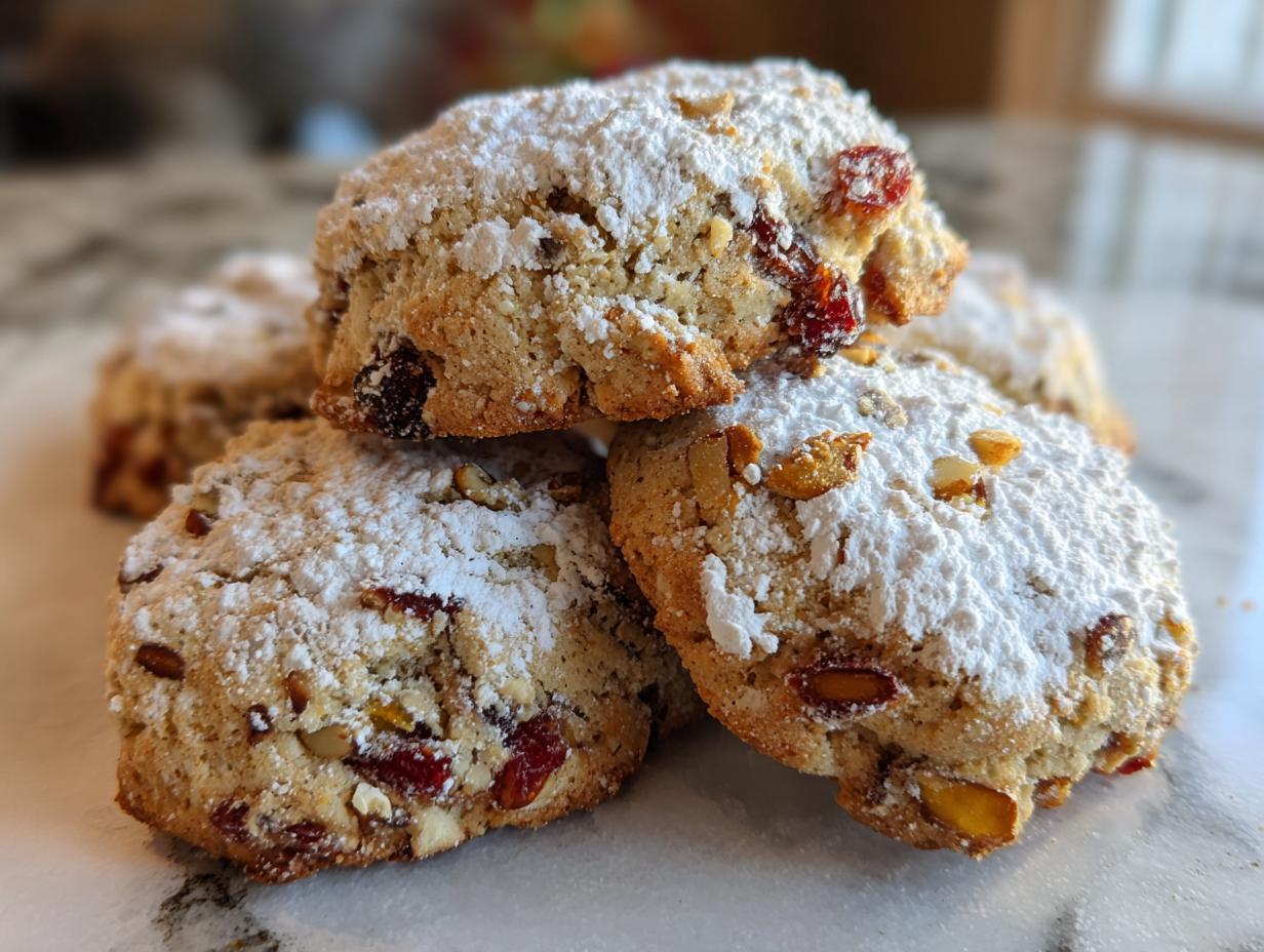 A close-up stack of chewy old-fashioned fruitcake cookies dusted heavily with powdered sugar and filled with dried fruit and nuts.