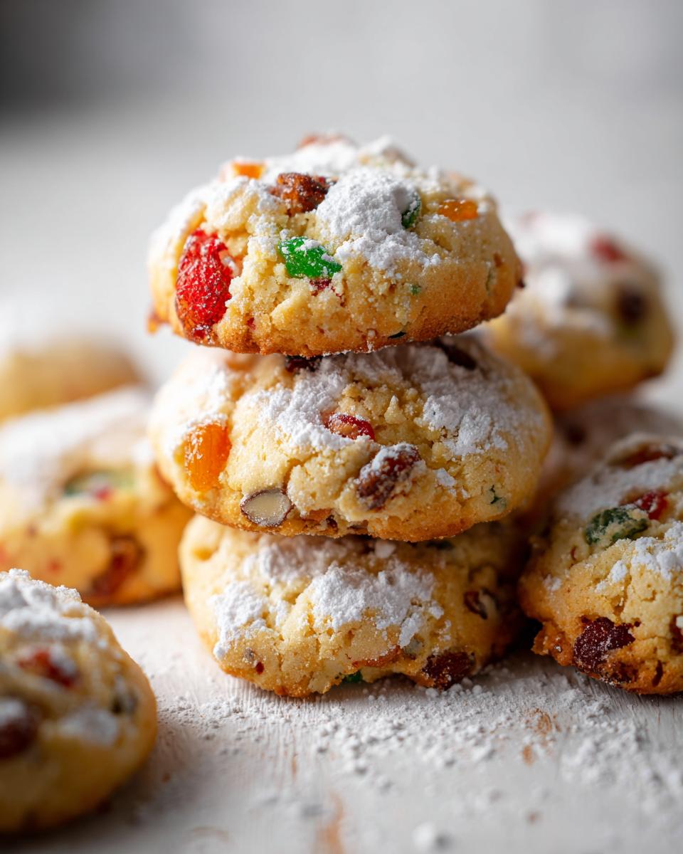 A stack of three chewy old-fashioned fruitcake cookies topped generously with powdered sugar, featuring colorful candied fruit pieces.