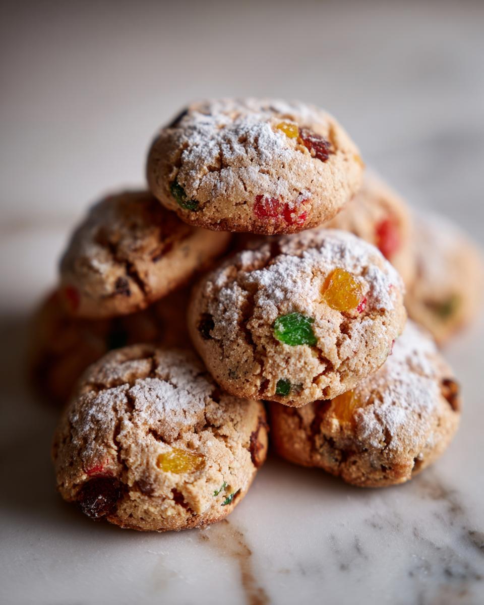 A close-up stack of chewy old-fashioned fruitcake cookies dusted with powdered sugar, showing colorful candied fruit pieces.