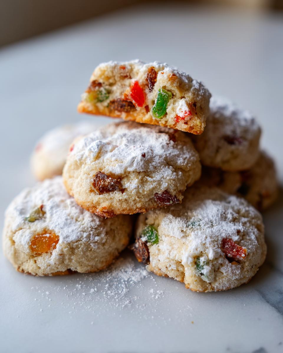 Close-up of a stack of chewy old-fashioned fruitcake cookies dusted heavily with powdered sugar, showing candied fruit inside.