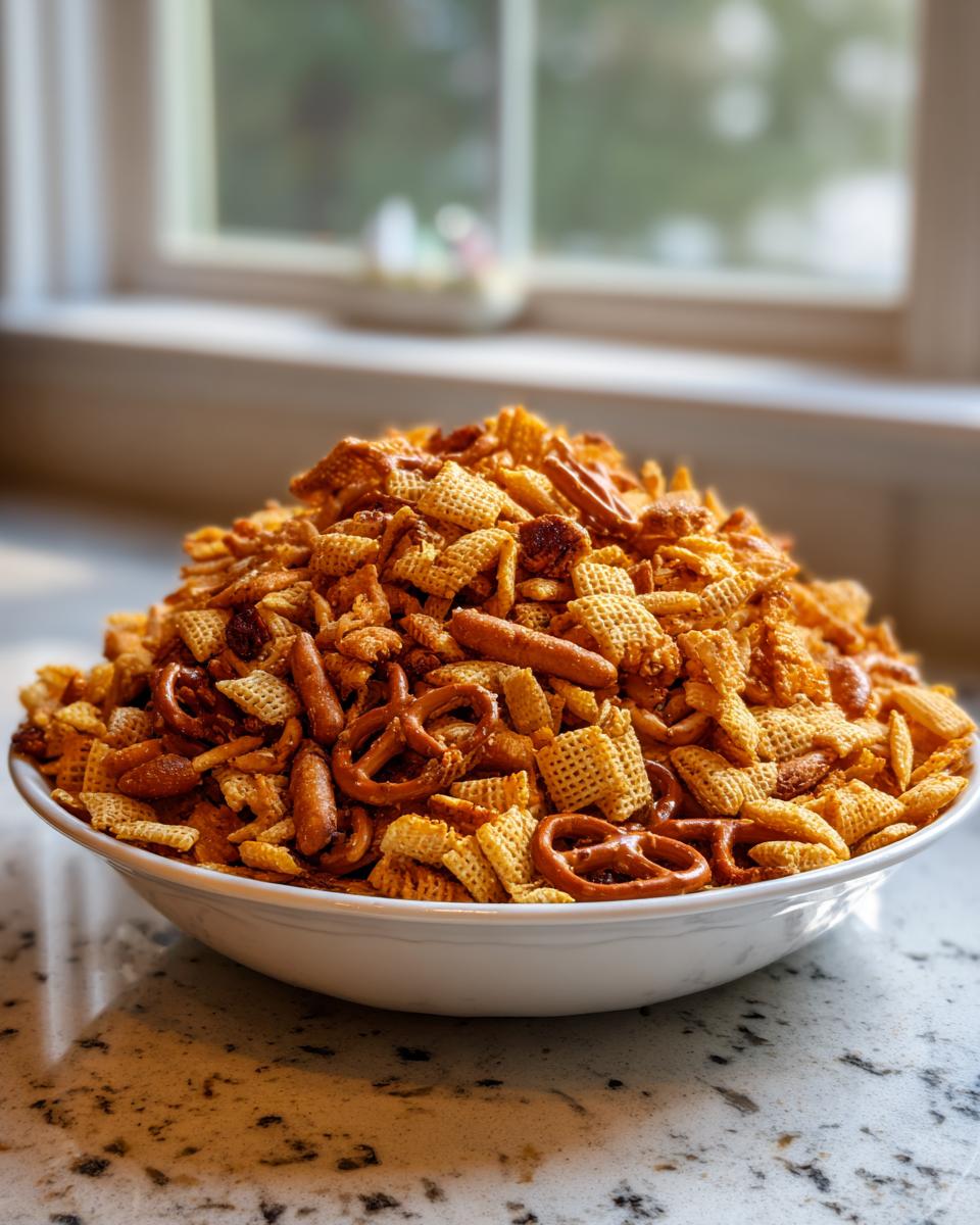 A large white bowl piled high with seasoned Chex party mix, including cereal squares and pretzels.