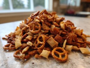 A close-up mound of seasoned Chex party mix featuring Chex cereal, pretzels, and peanuts on a light countertop.
