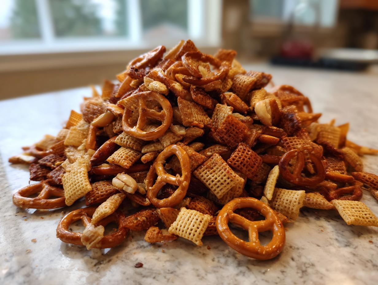 A close-up mound of seasoned Chex party mix featuring Chex cereal, pretzels, and peanuts on a light countertop.
