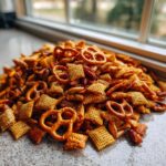A close-up mound of savory, seasoned chex party mix featuring Chex cereal, pretzels, and nuts on a countertop.