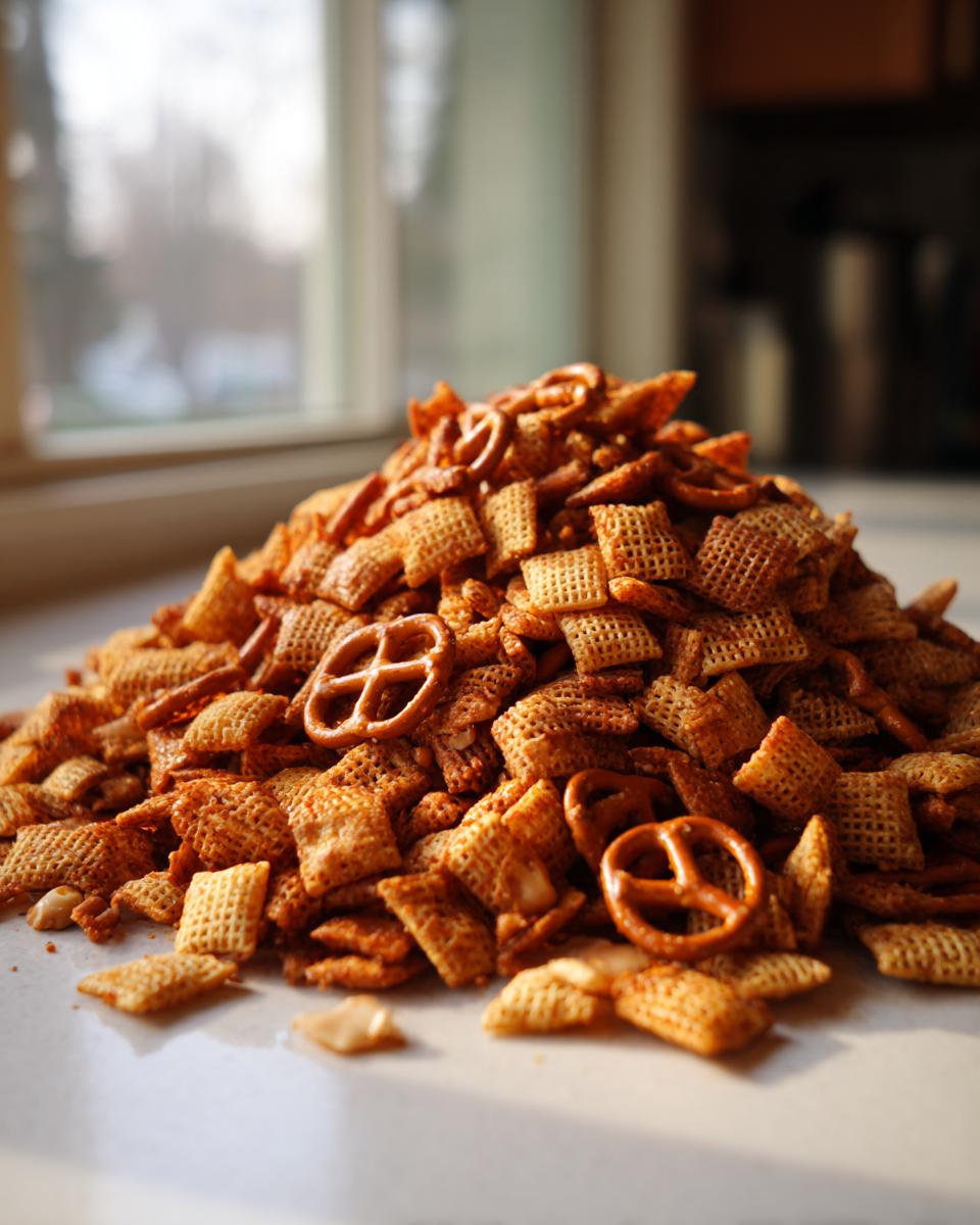 A large pile of seasoned Chex party mix featuring Chex cereal squares and small pretzels, set against a bright window background.