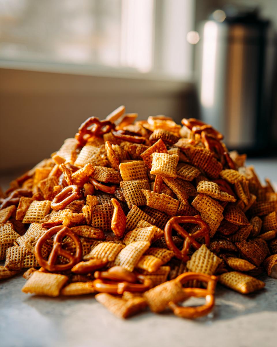 A large pile of seasoned Chex party mix featuring square cereal pieces and small pretzels.