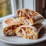 Close-up of a toasted chicken bacon ranch wrap cut in half, showing chunks of chicken, bacon, and creamy ranch sauce.