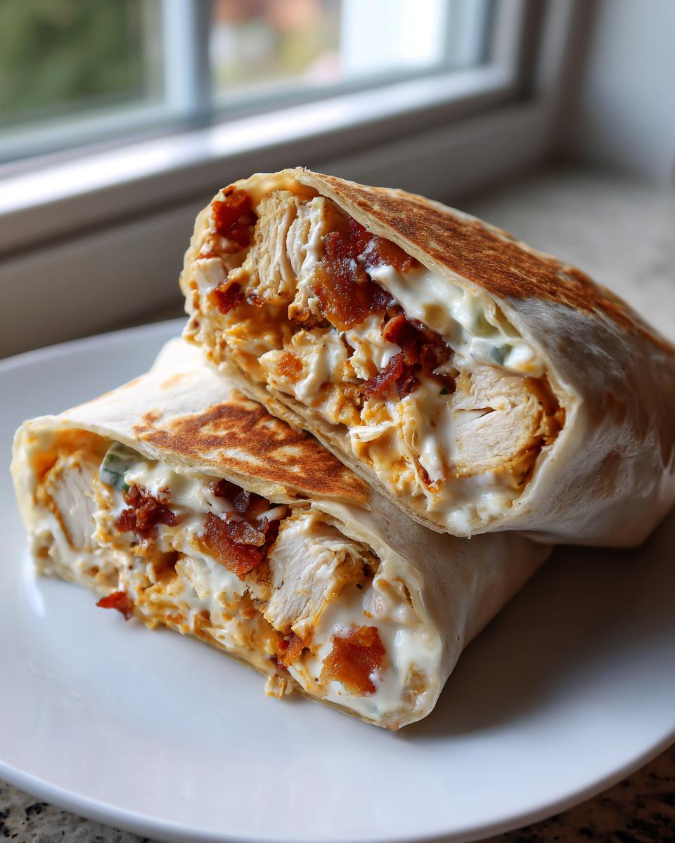 Two halves of a grilled chicken bacon ranch wrap cut in half, showing chunks of chicken, bacon, and creamy ranch filling.