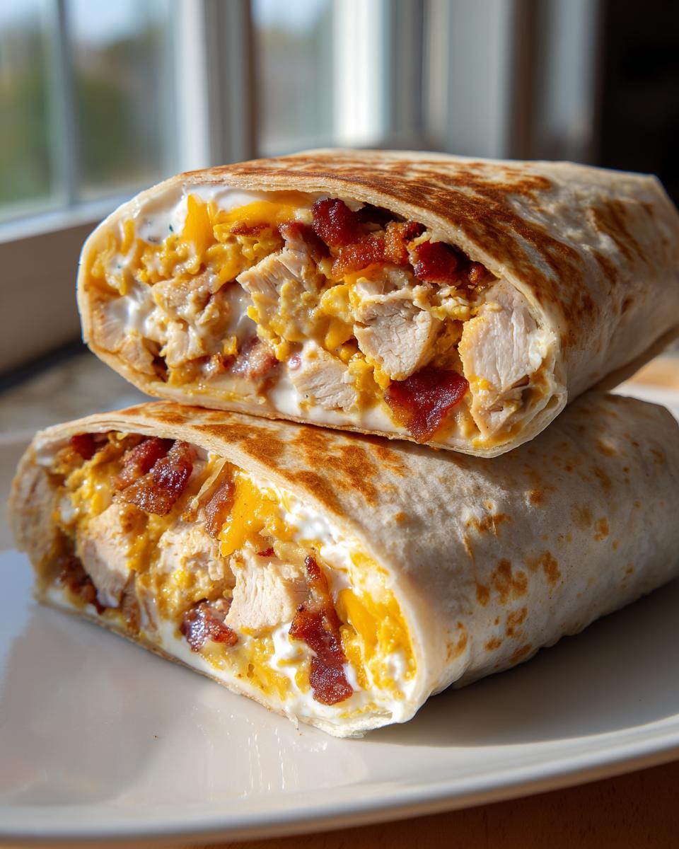 Close-up of a chicken bacon ranch wrap cut in half, showing chunks of chicken, bacon, cheese, and ranch dressing.