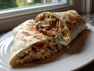 A grilled chicken bacon ranch wrap cut in half, showing shredded chicken, bacon, and creamy ranch filling.