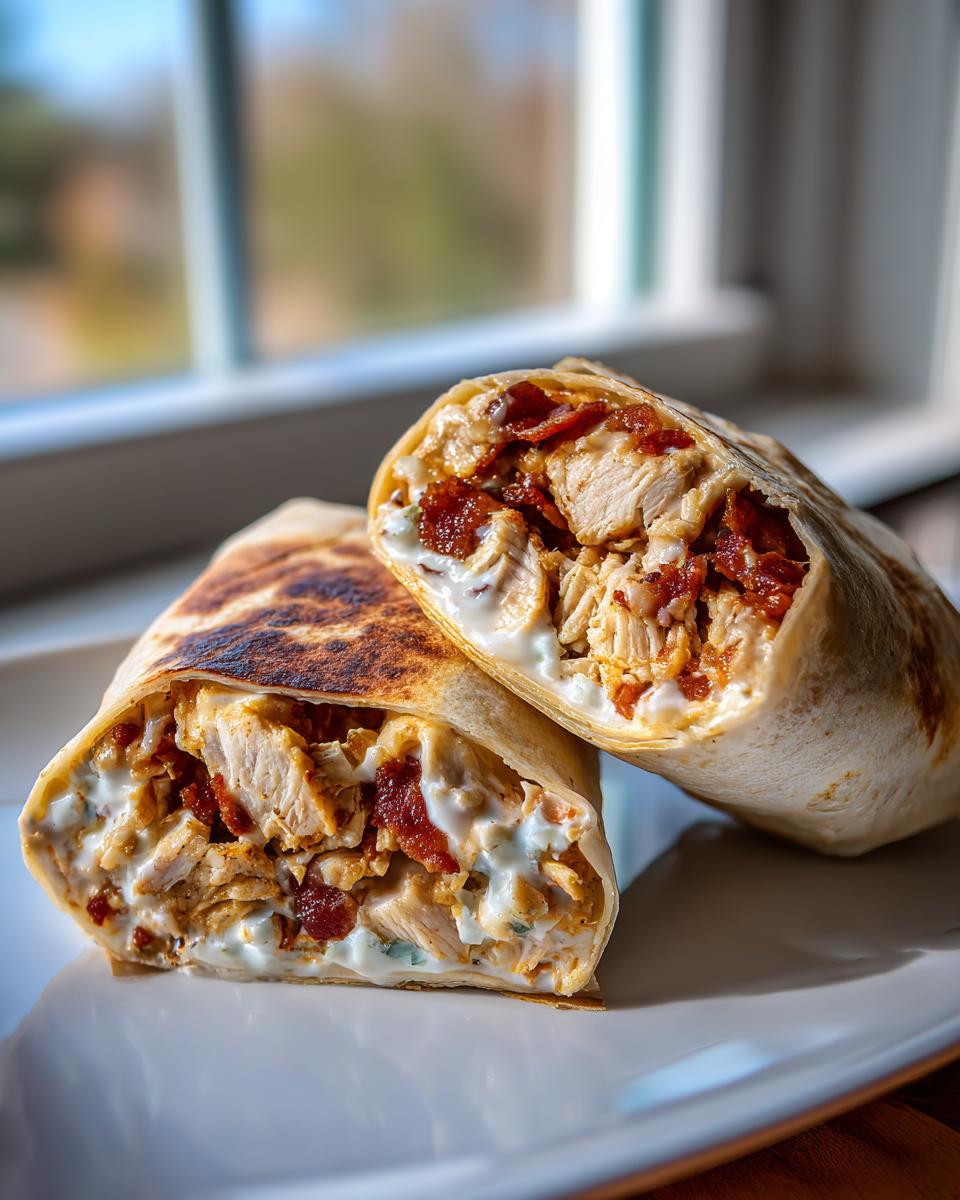 Two halves of a grilled chicken bacon ranch wrap showing chunks of chicken, bacon, and creamy ranch filling.