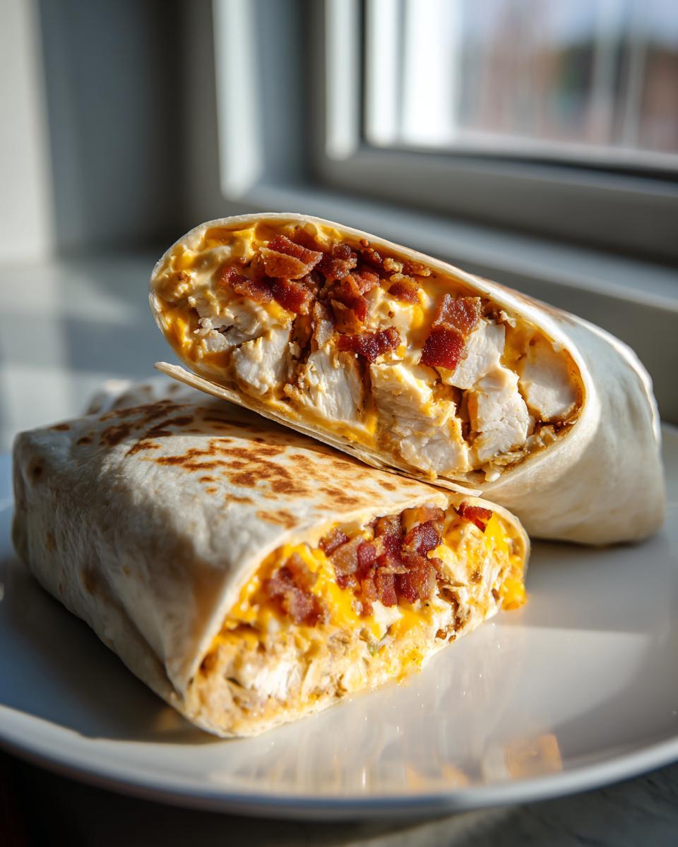 A delicious chicken bacon ranch wrap cut in half, showing chunks of chicken, bacon, and creamy ranch sauce.
