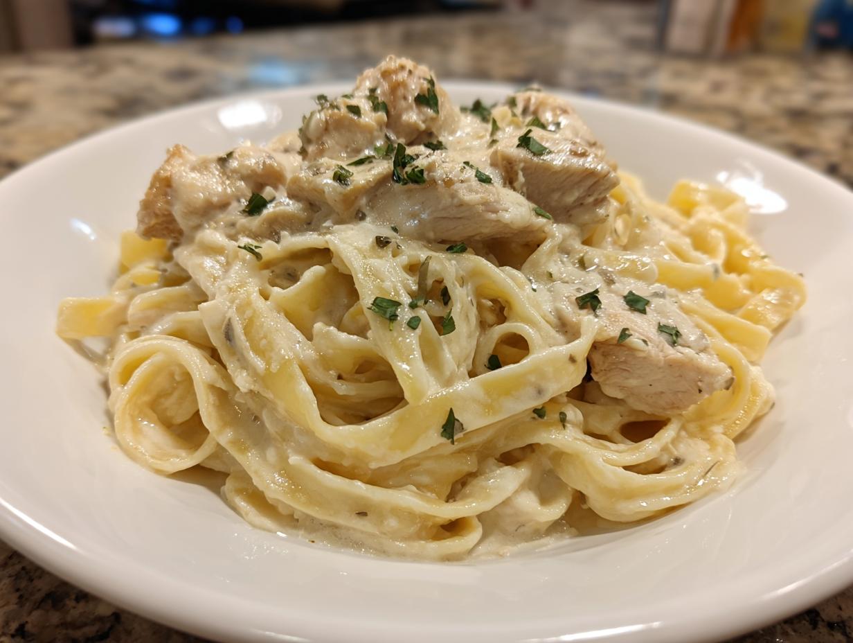 Close-up of a serving of rich chicken fettuccine alfredo pasta covered in creamy sauce and garnished with parsley.