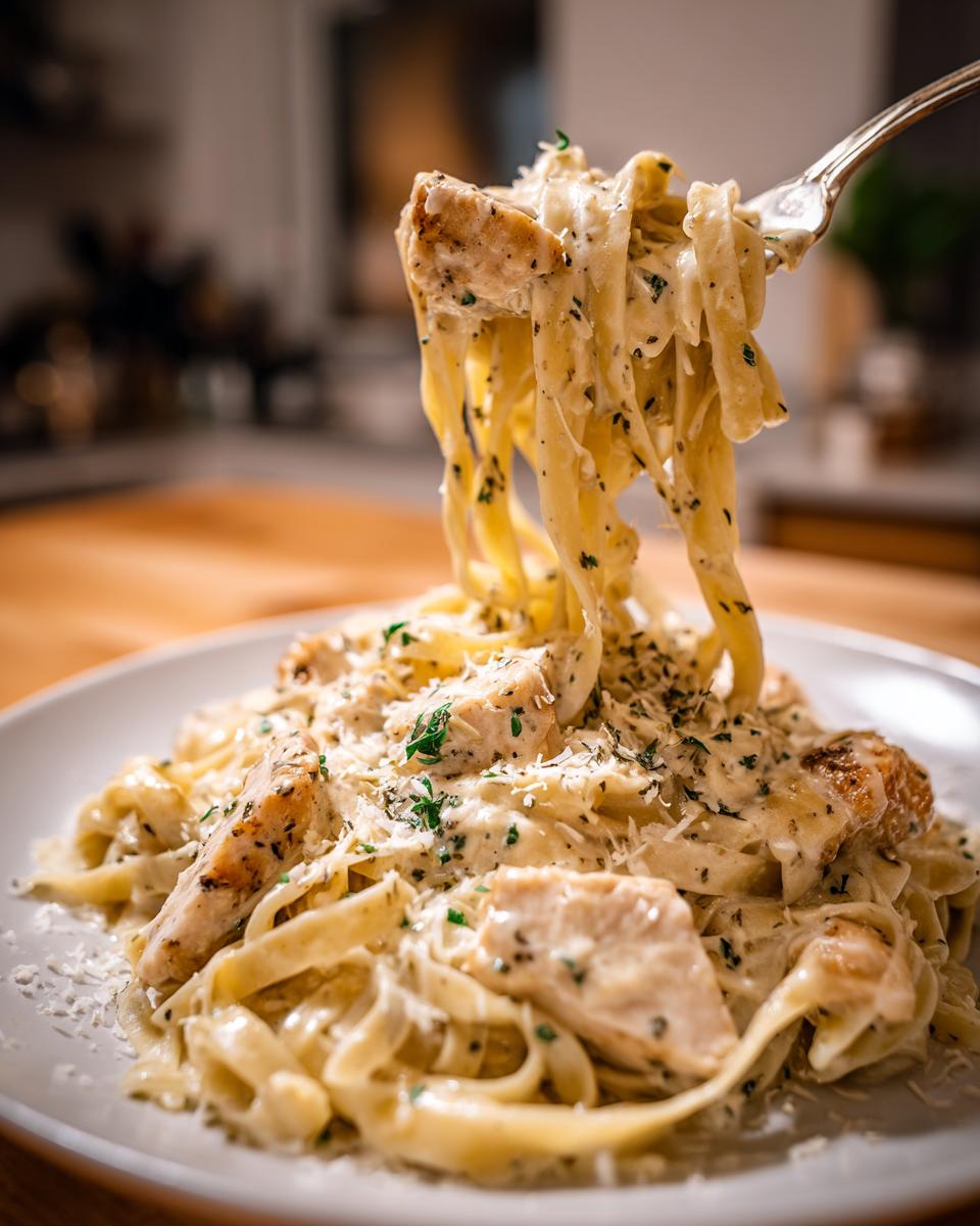 A fork lifts a twirl of creamy fettuccine pasta and grilled chicken pieces from a plate of chicken fettuccine alfredo.