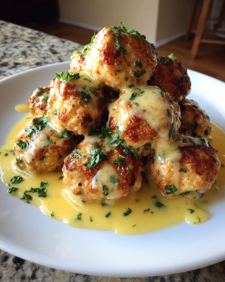 A mound of golden-brown chicken piccata meatballs smothered in creamy lemon sauce and sprinkled with fresh parsley.
