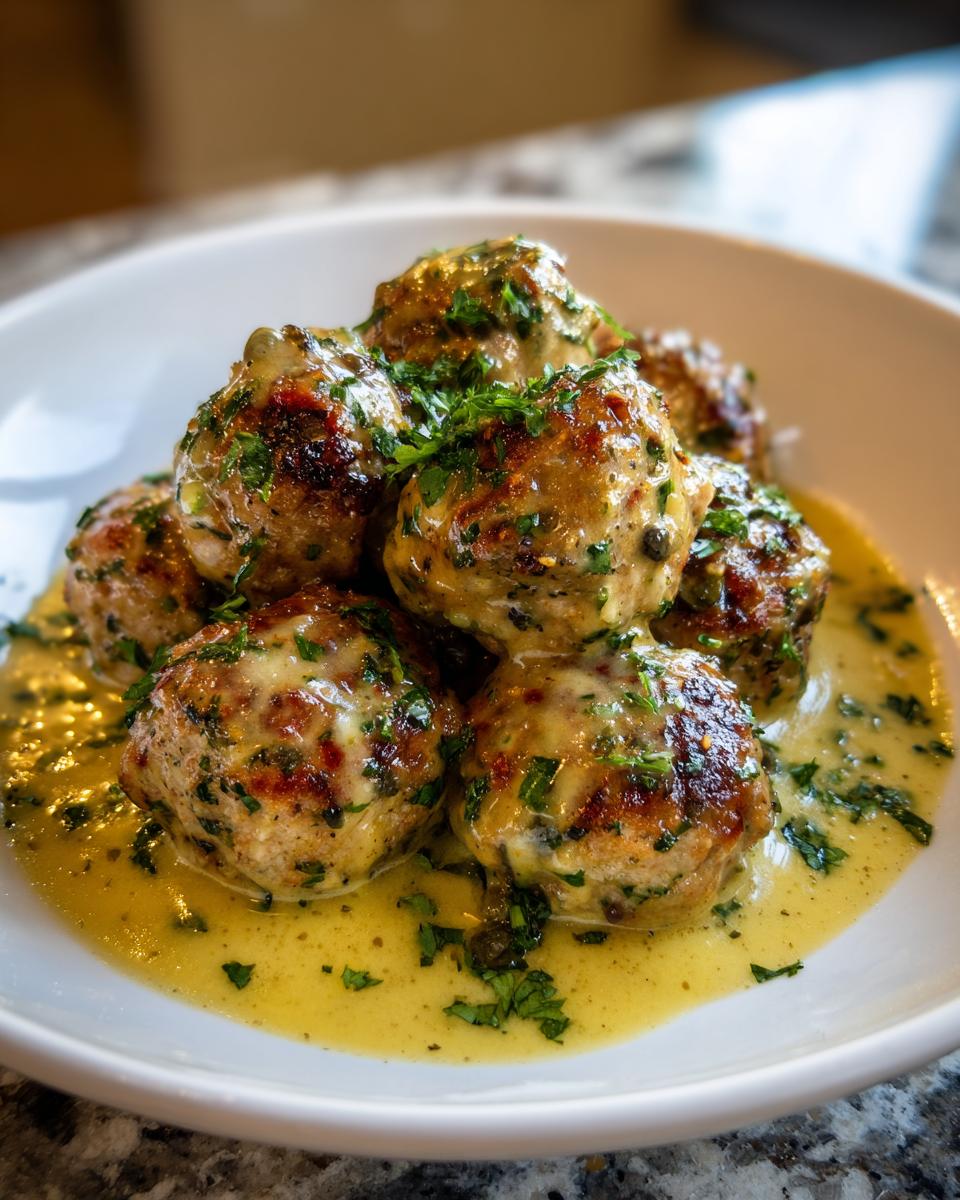 A close-up of several golden-brown chicken piccata meatballs coated in a bright lemon-caper sauce and topped with fresh parsley.