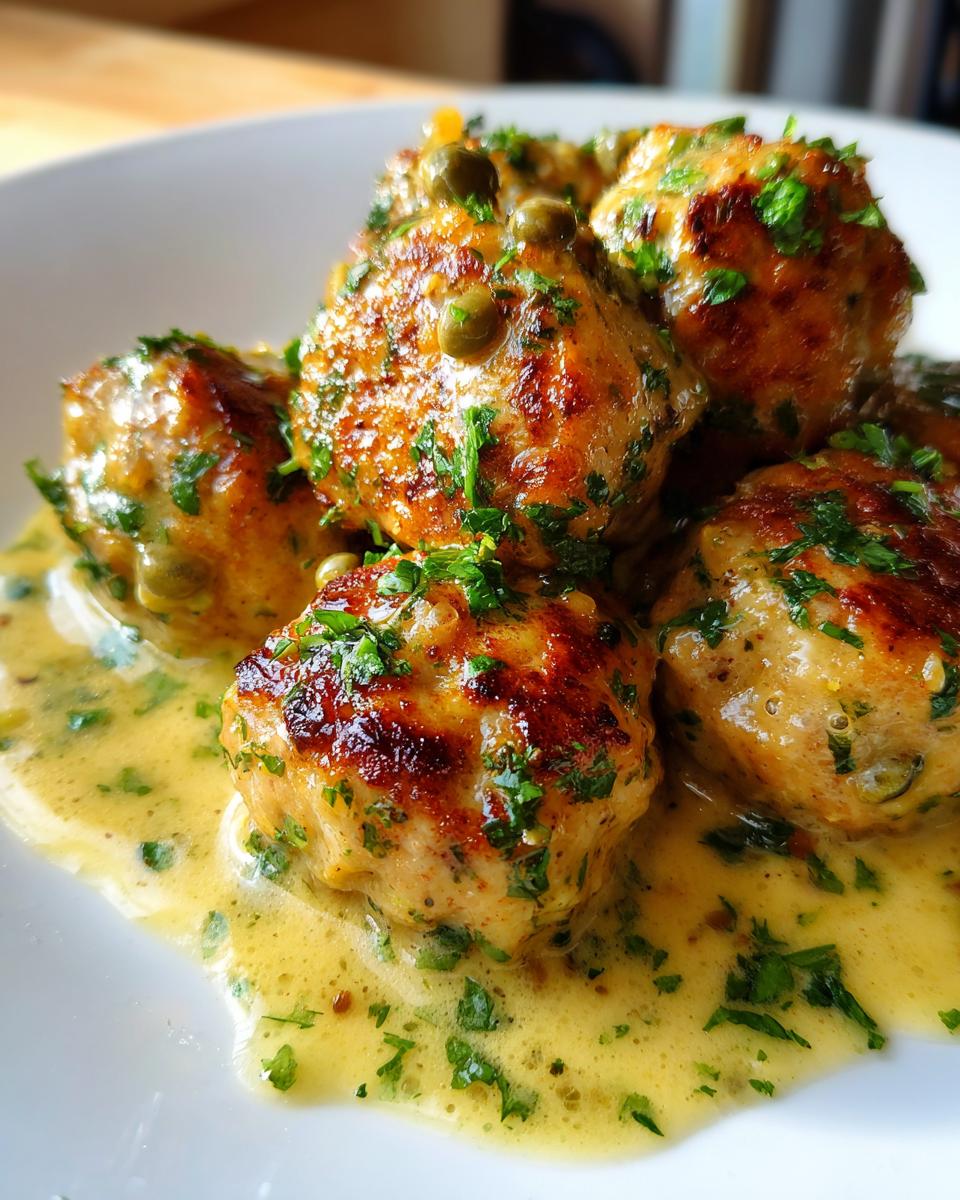 Close-up of golden-brown chicken piccata meatballs smothered in a creamy lemon sauce and topped with parsley and capers.