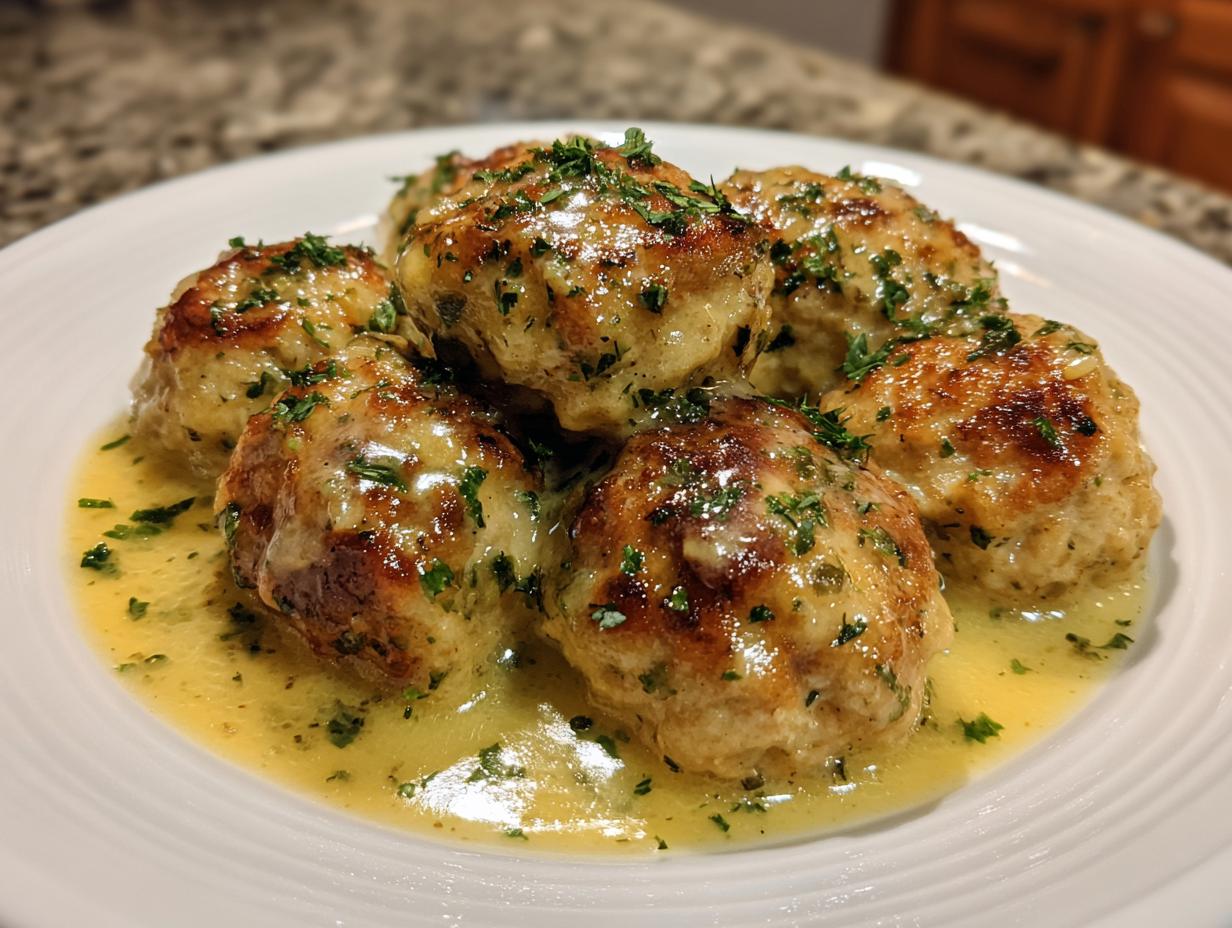 Five golden-brown chicken piccata meatballs resting in a pool of bright lemon-butter sauce and garnished with fresh parsley.