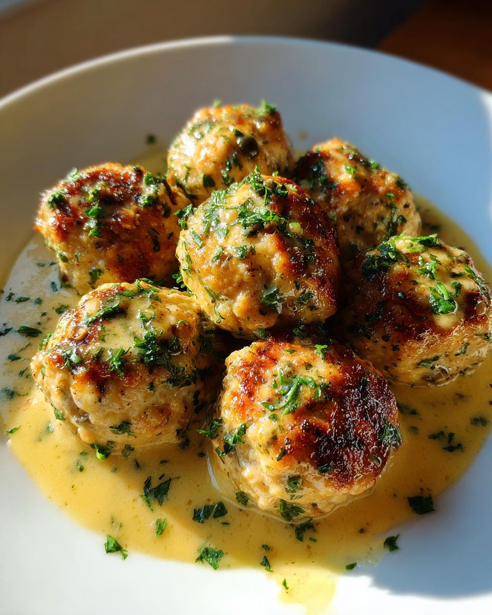 Close-up of several golden-brown chicken piccata meatballs swimming in a creamy lemon-butter sauce and topped with fresh parsley.