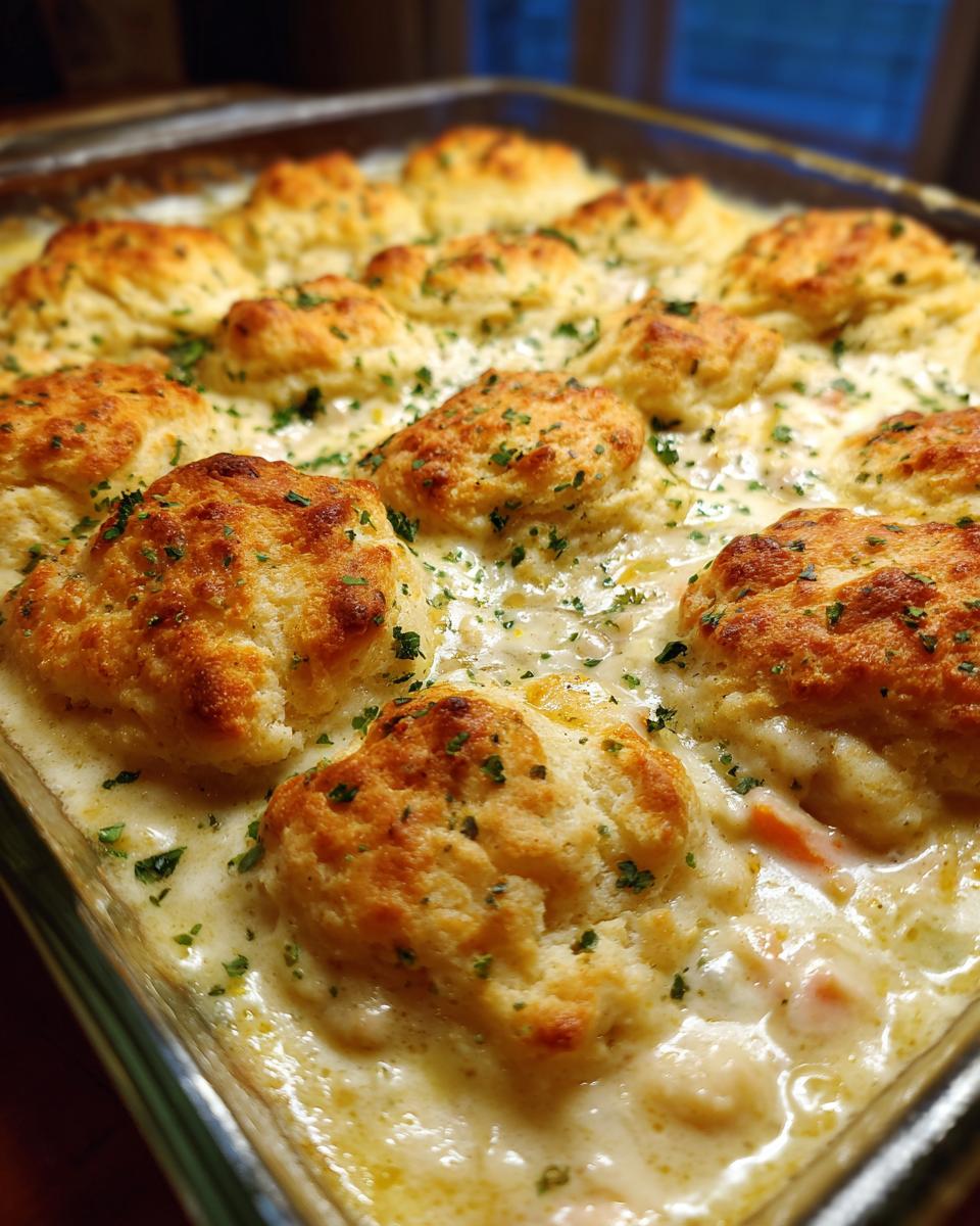 Close-up of a baked chicken pot pie casserole topped with golden biscuits and sprinkled with parsley.