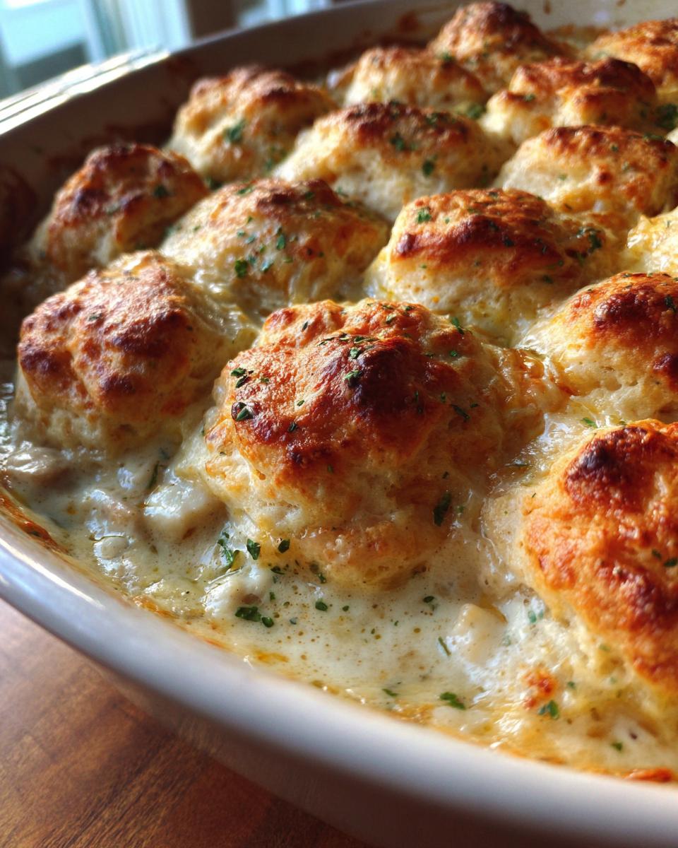 Close-up of a baked chicken pot pie casserole topped with golden, fluffy biscuits nestled in creamy sauce.