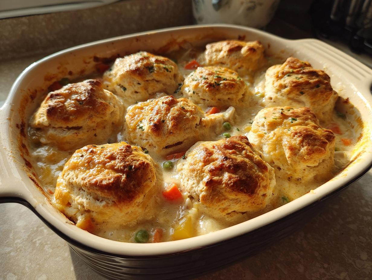 A close-up of a freshly baked chicken pot pie casserole topped with golden, fluffy biscuits.
