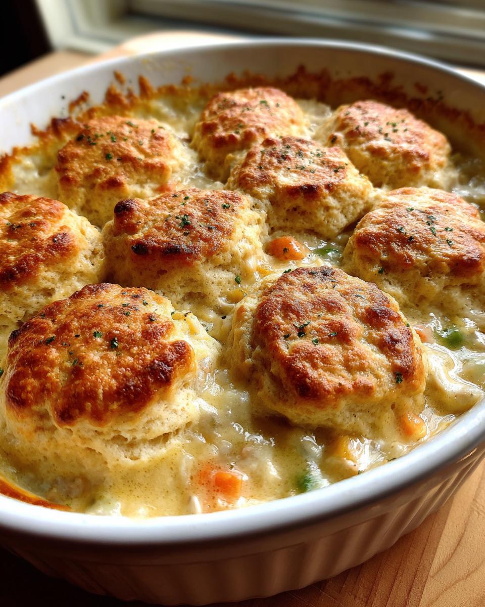 Close-up of a bubbling chicken pot pie casserole topped with golden, baked biscuits and sprinkled with herbs.