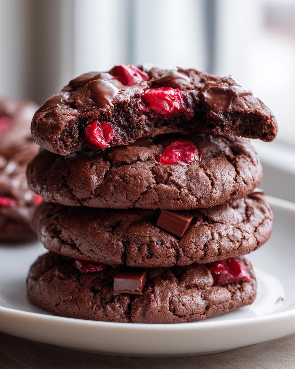 A stack of four rich, dark chocolate cherry cookies, with the top one broken open to show the gooey center and bright red cherries.