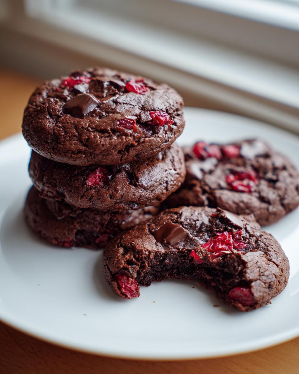 A stack of dark, fudgy chocolate cherry cookies on a white plate, one cookie has a bite taken out showing the soft interior.