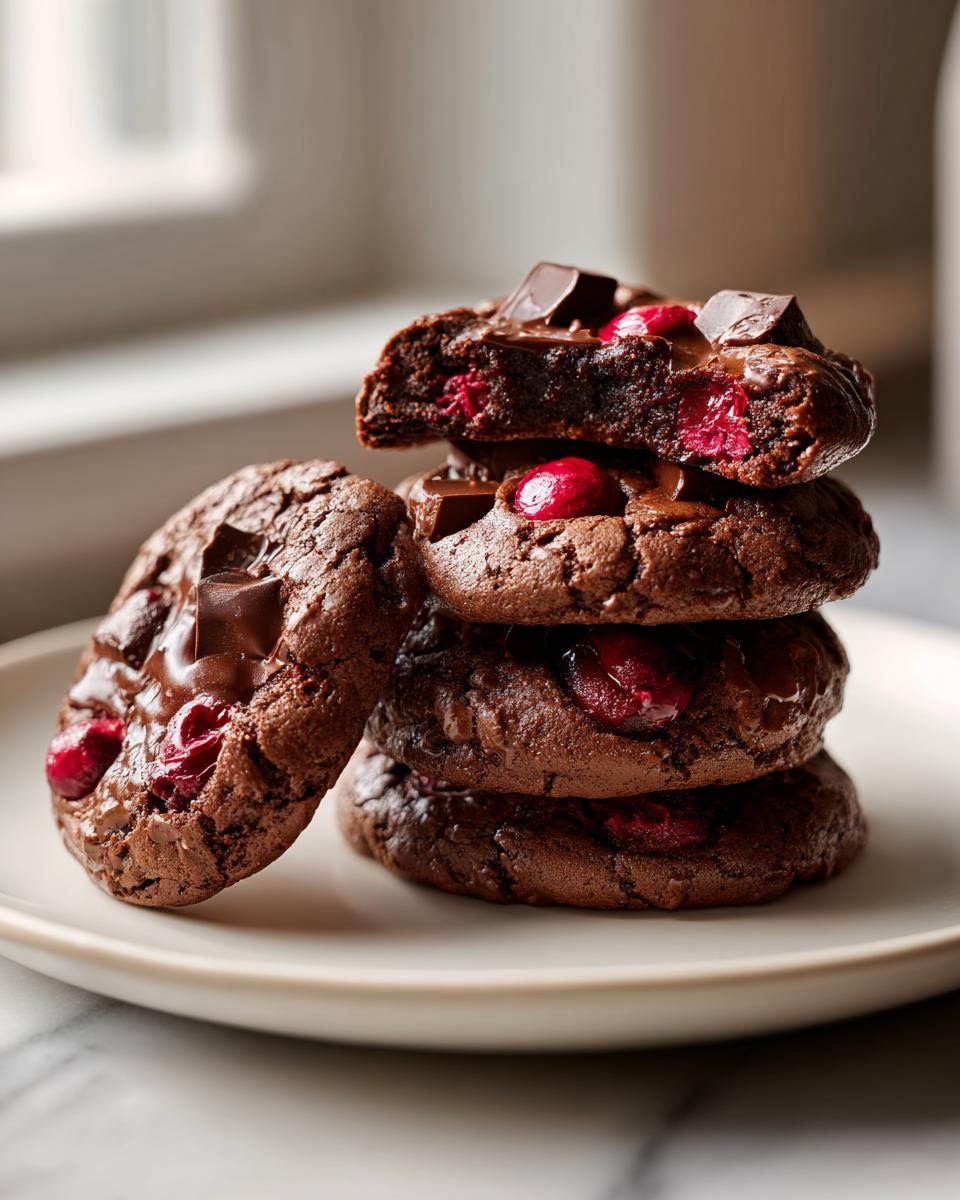 A stack of four decadent chocolate cherry cookies, with the top one broken open to show the gooey interior and bright red cherries.