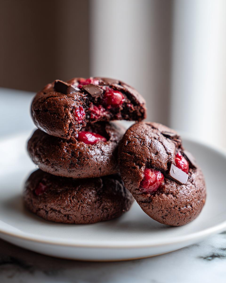 A stack of three dark, fudgy chocolate cherry cookies, one broken open to show bright red cherries inside.