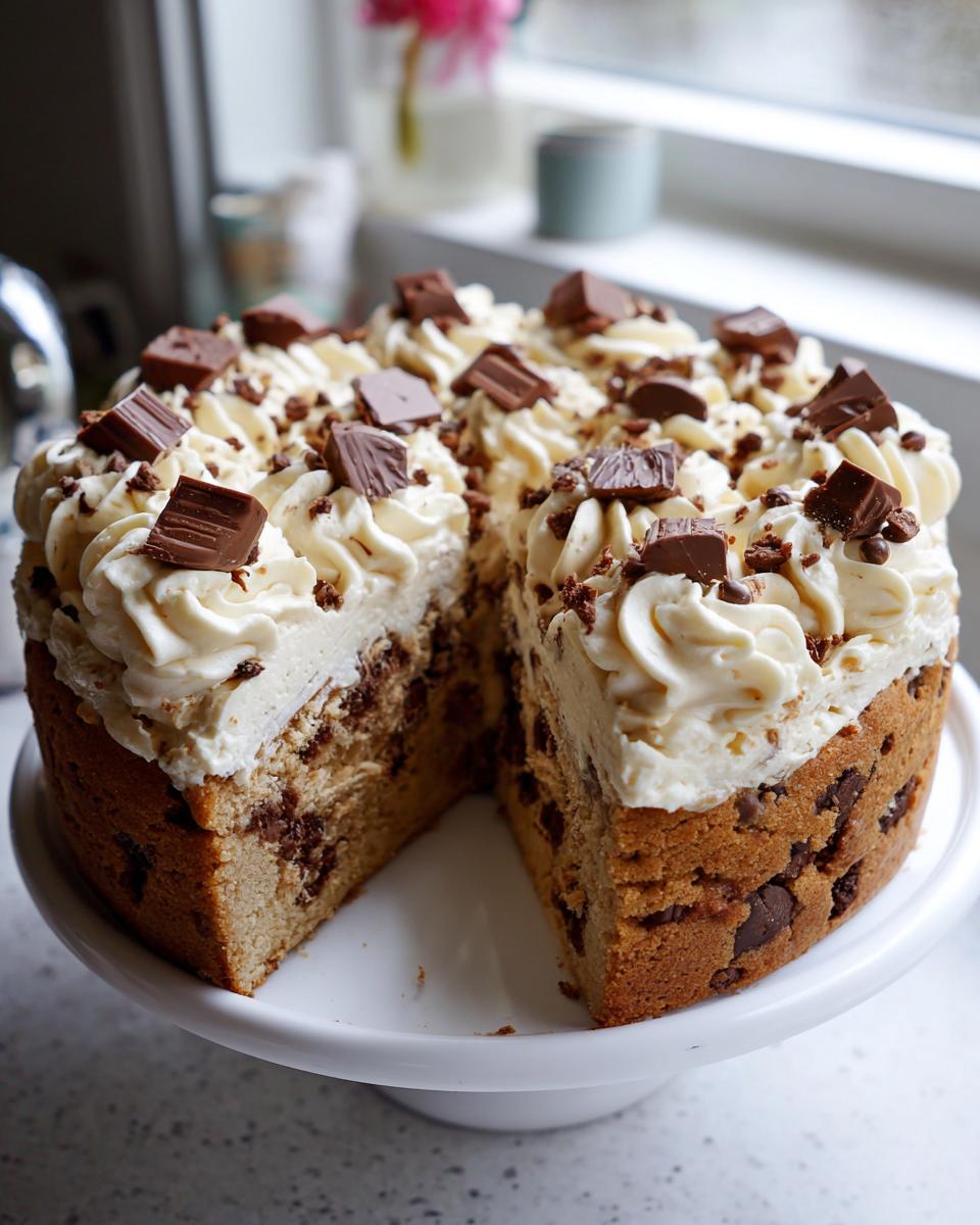 A cross-section view of a decadent chocolate chip cookie cake recipe topped with piped frosting and chocolate chunks.