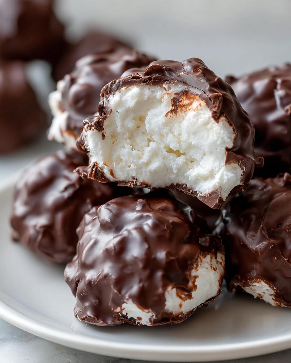 A stack of chocolate-covered treats, one bitten open to show the fluffy white cool whip candy filling.
