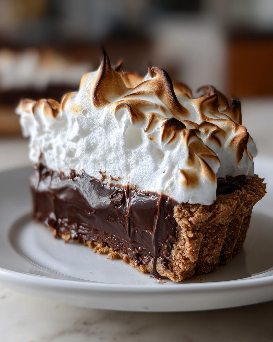 A close-up of a thick slice of chocolate meringue pie showing the dark filling and toasted meringue peaks.