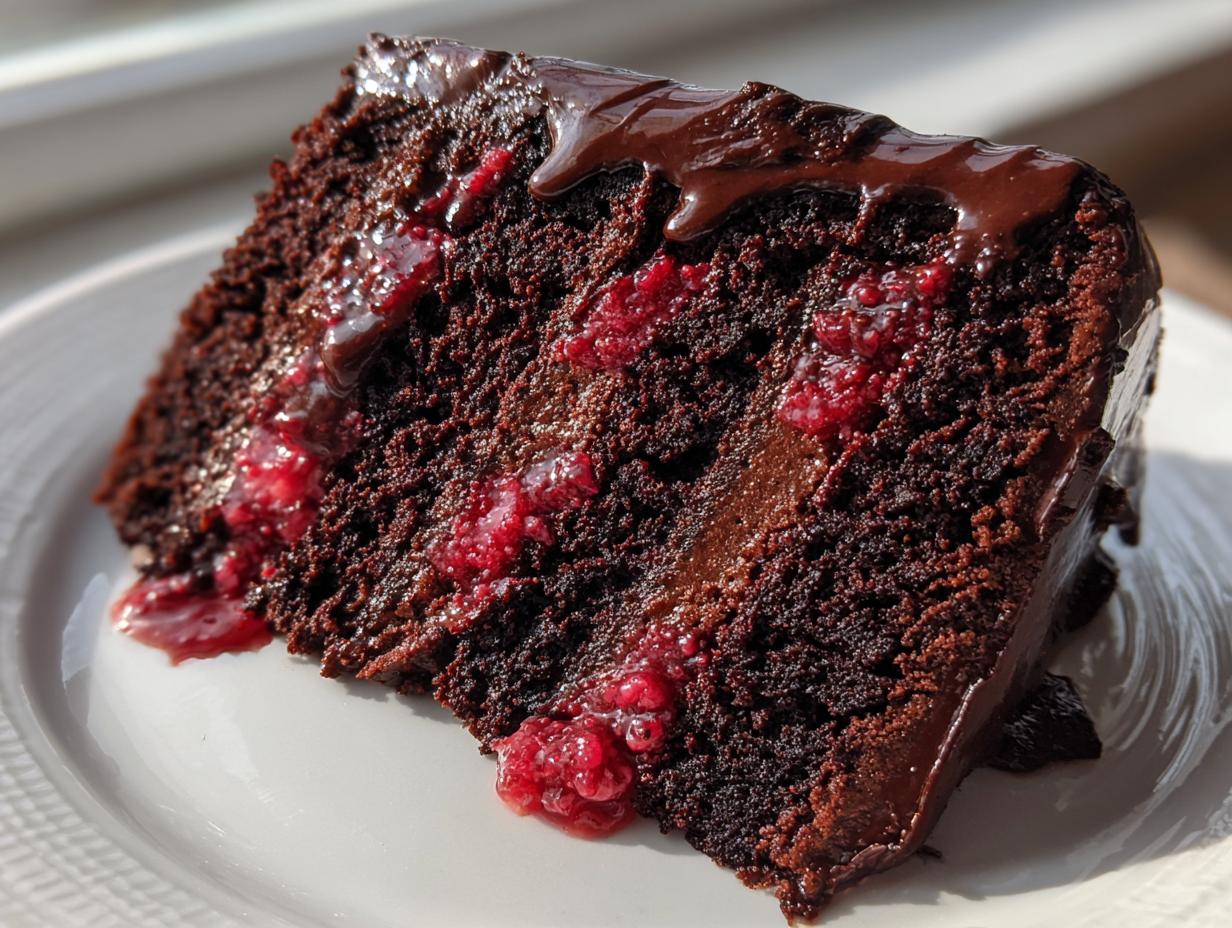 Close-up of a moist slice of chocolate raspberry cake showing dark layers, raspberry filling, and chocolate ganache dripping down the side.