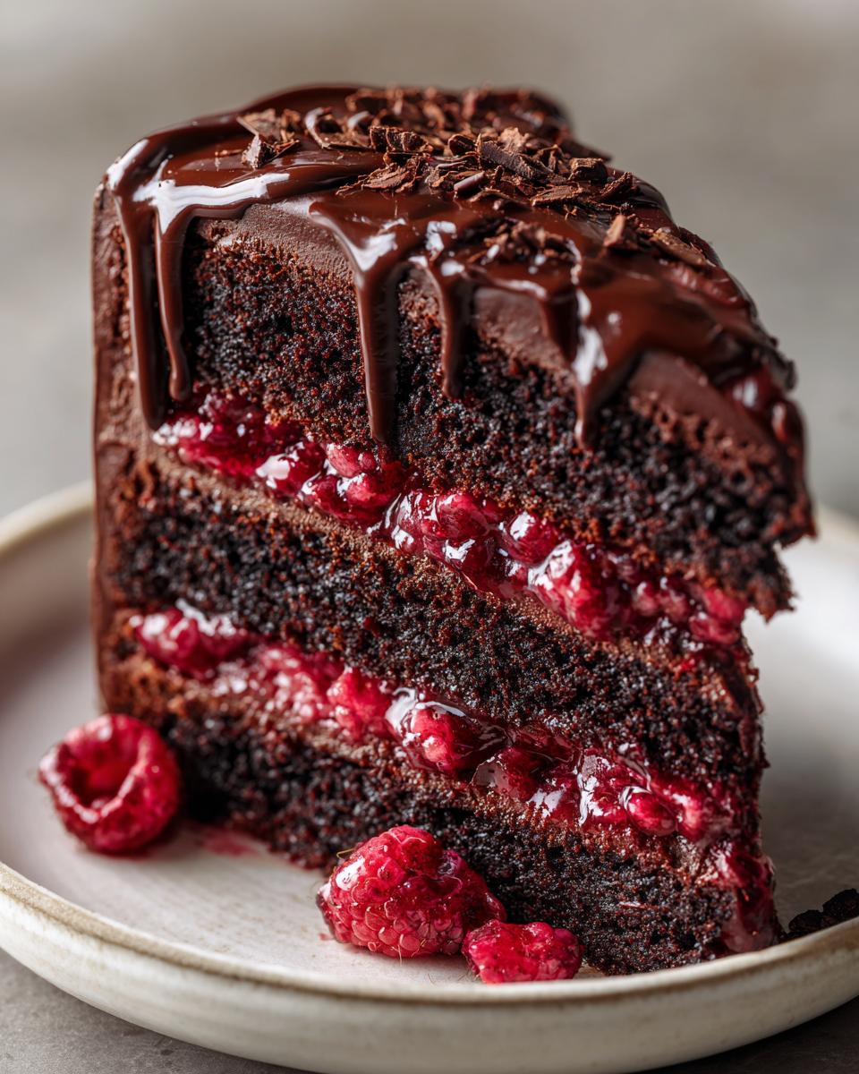 A decadent slice of chocolate raspberry cake showing three dark layers filled with bright raspberry jam, topped with chocolate ganache and fresh raspberries.