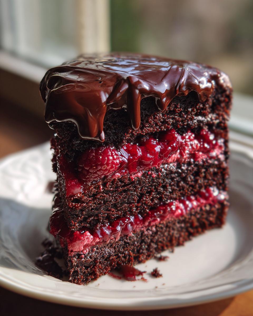 A decadent slice of three-layer chocolate raspberry cake topped with rich chocolate ganache.