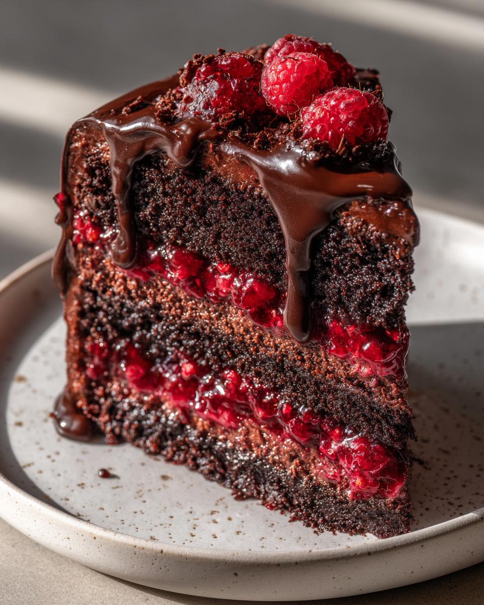 A decadent slice of chocolate raspberry cake featuring dark layers, bright raspberry filling, and dripping chocolate ganache.