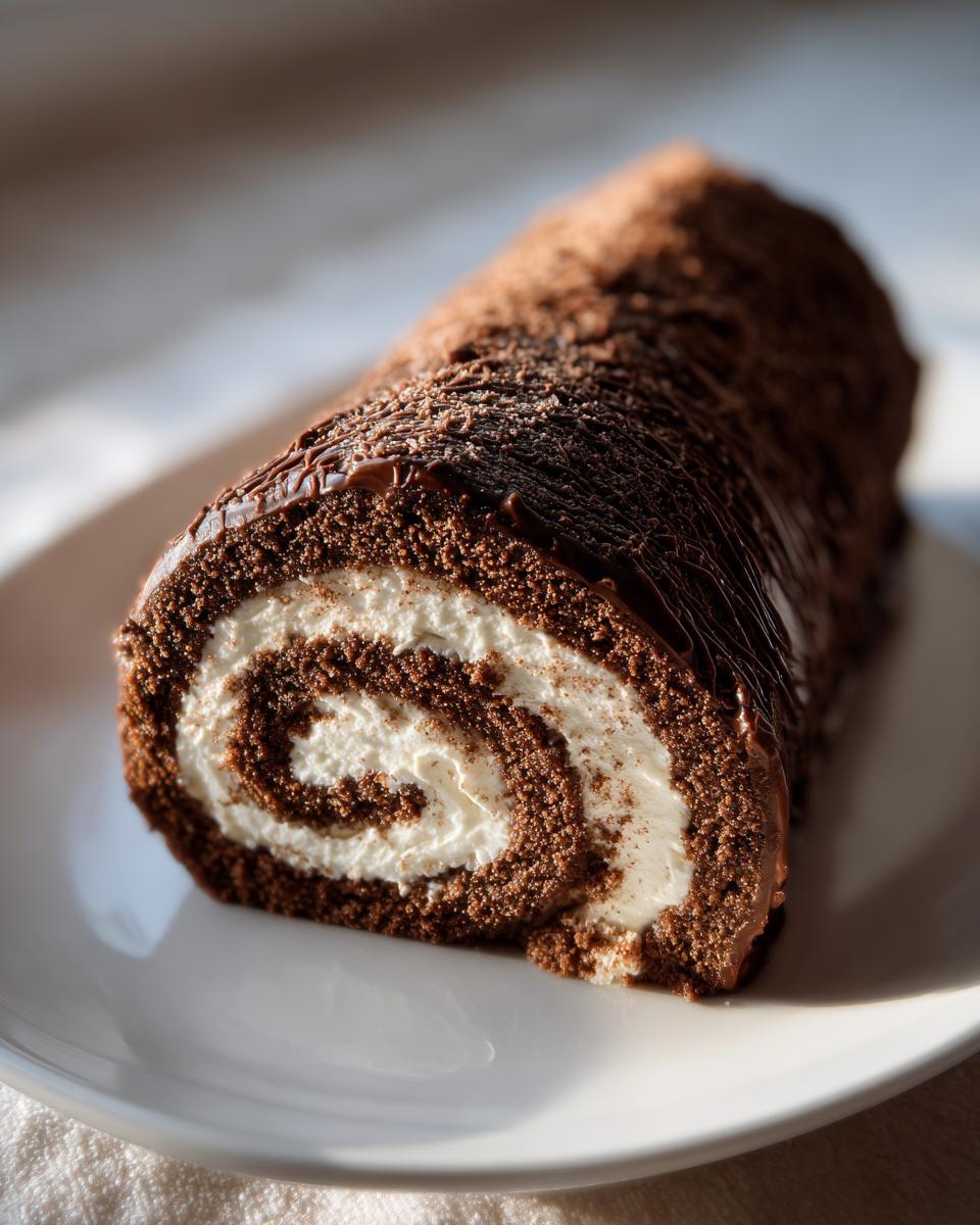 Close-up of a chocolate yule log cake slice showing a perfect swirl of dark cake and white cream filling.